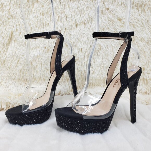 Black rhinestone high heel shoes clear toe strap - Picture 11 of 12
